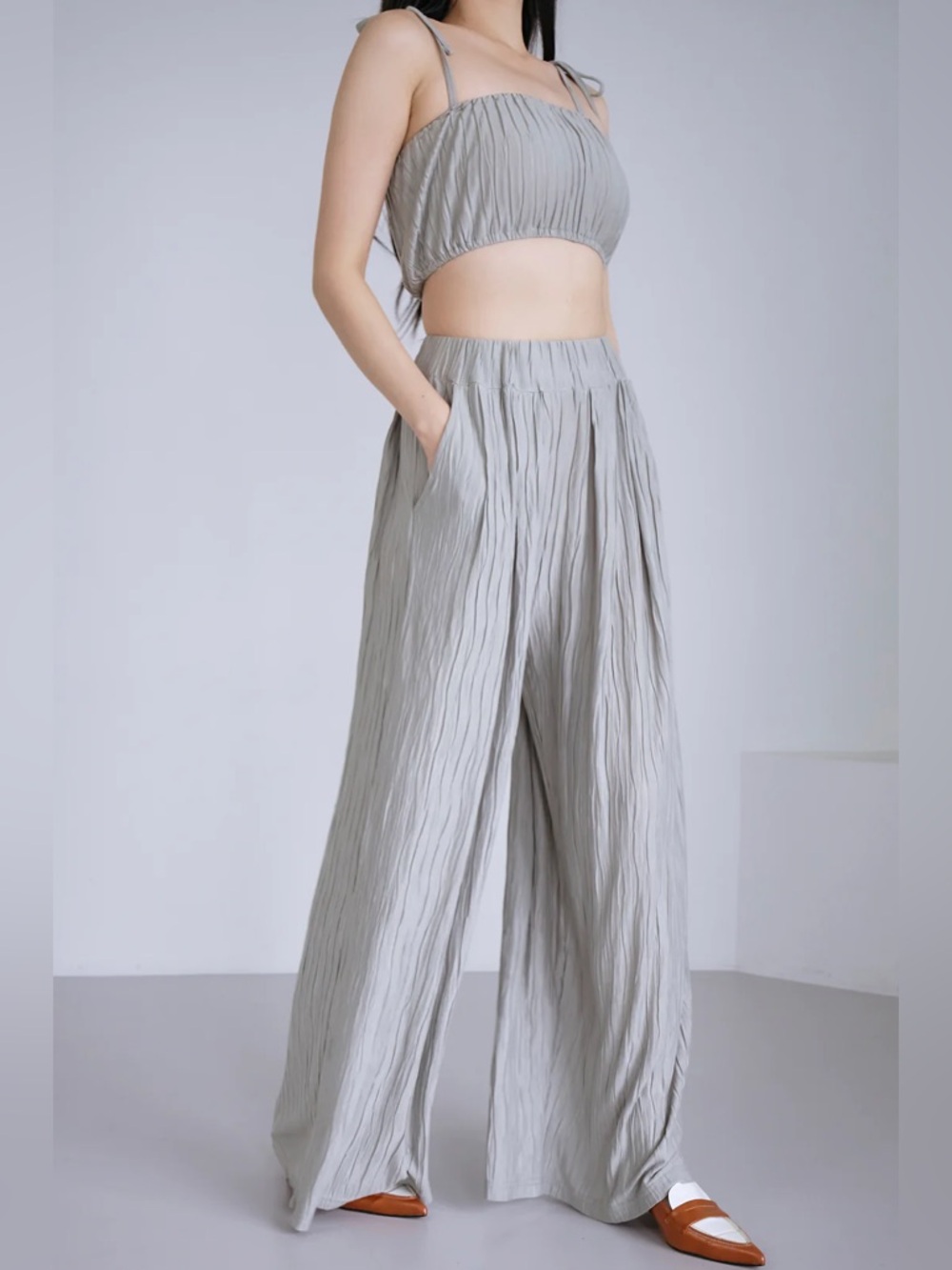 Storets Crop Top and Plisse Wide Leg Pants in Sage Green